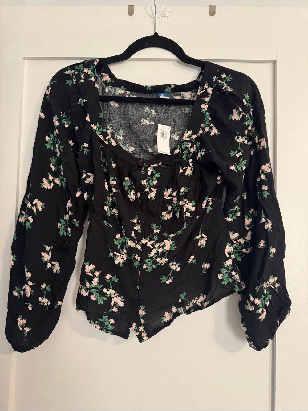 Old Navy Black Floral Long-Sleeve Ruffled Blouse - Pink & Green